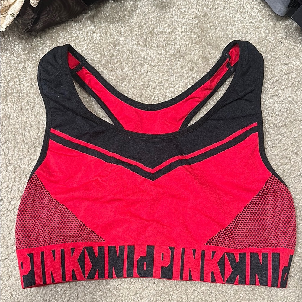 PINK Victoria's Secret Red and Black Racerback Sports Bra